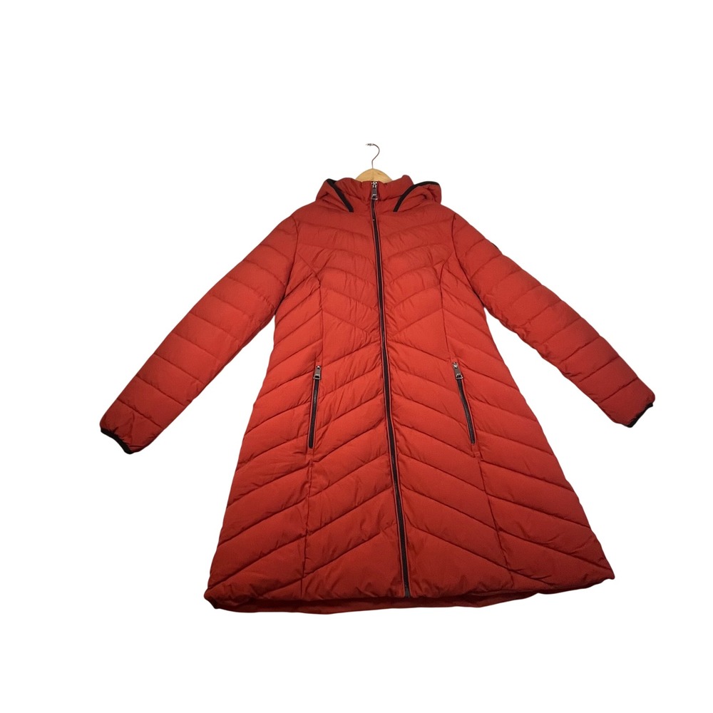 DKNY Womens Red Hooded Quilted Puffer Coat Mid Length Jacket Large
